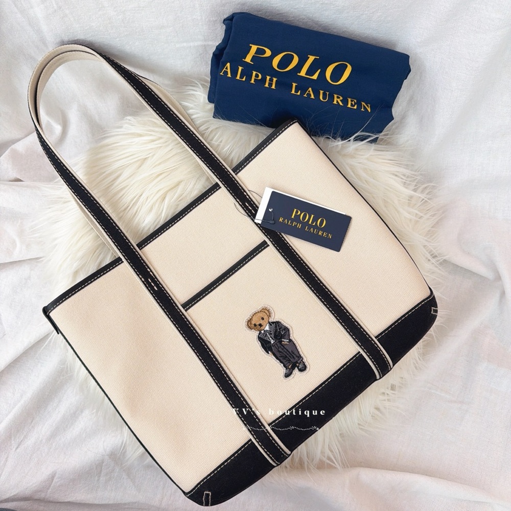 NWT Polo Ralph Lauren Polo Bear Small Canvas Shopper Tote Ecru Black RARE